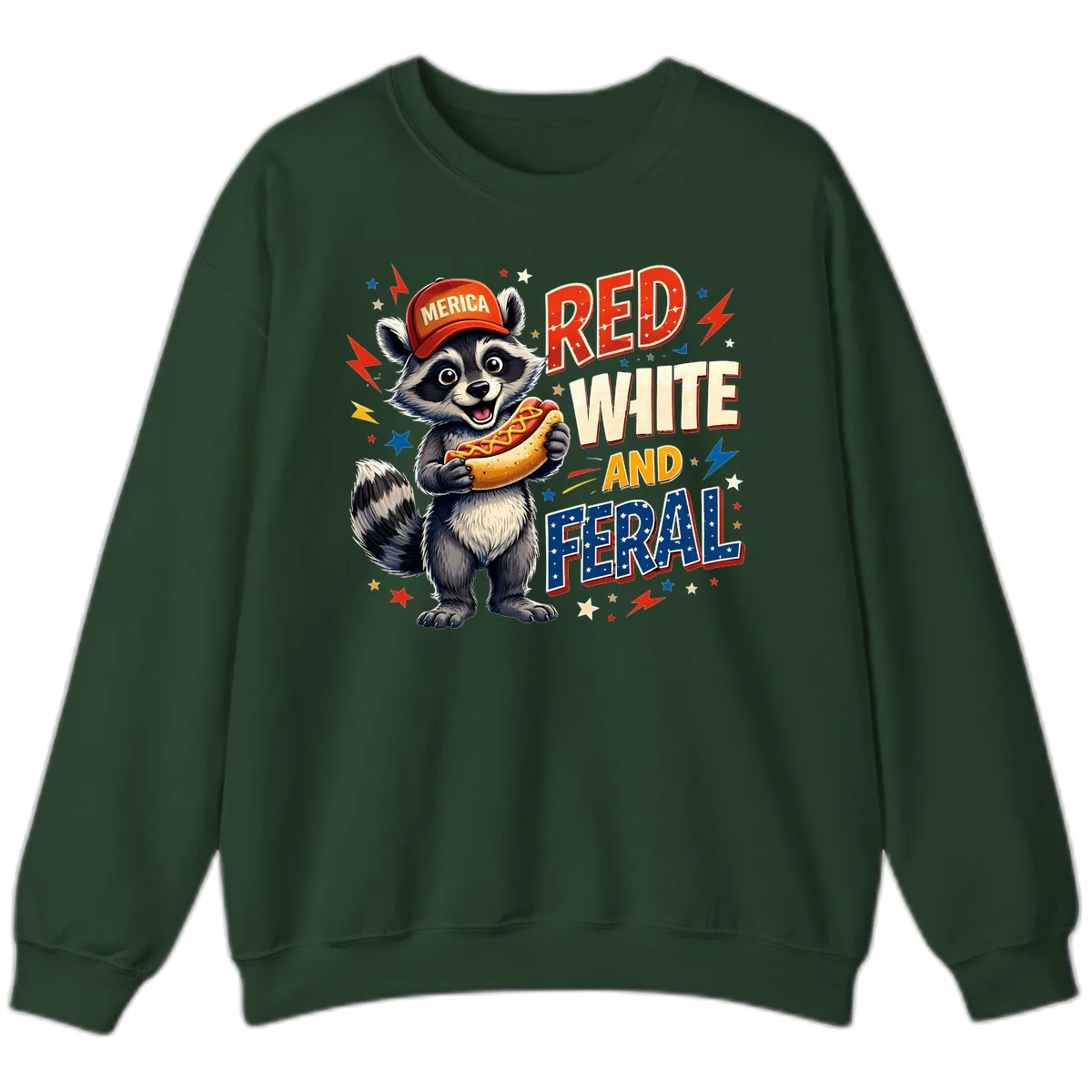 Raccoon Merica Hot Dog Red White And Feral Sweatshirt in Forest Green