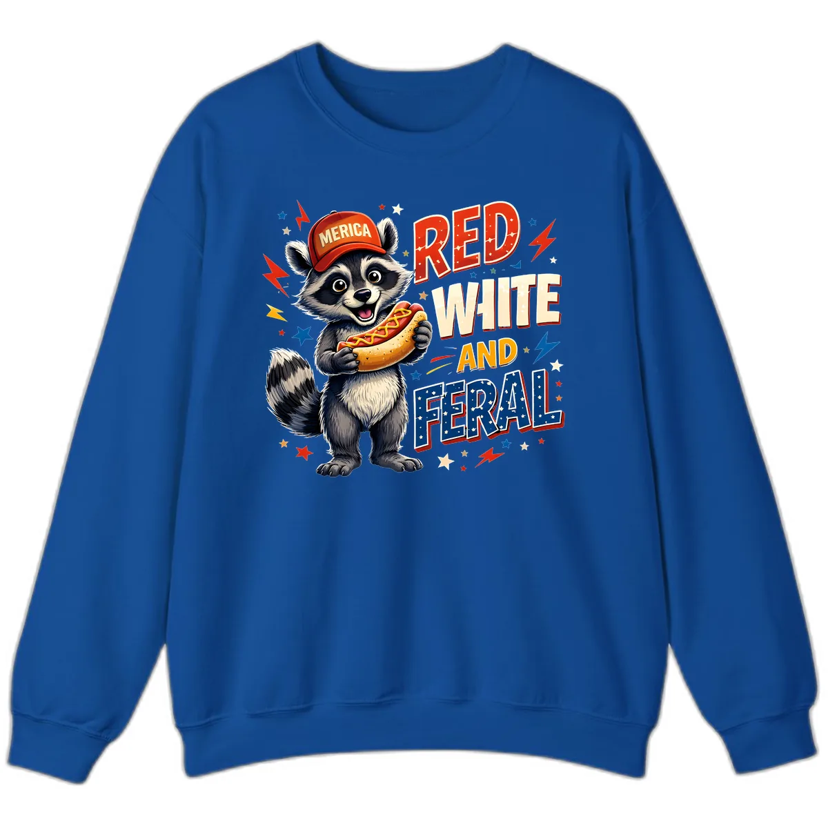 Raccoon Merica Hot Dog Red White And Feral Sweatshirt in Royal