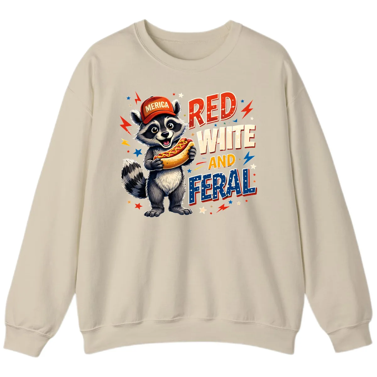 Raccoon Merica Hot Dog Red White And Feral Sweatshirt in Sand