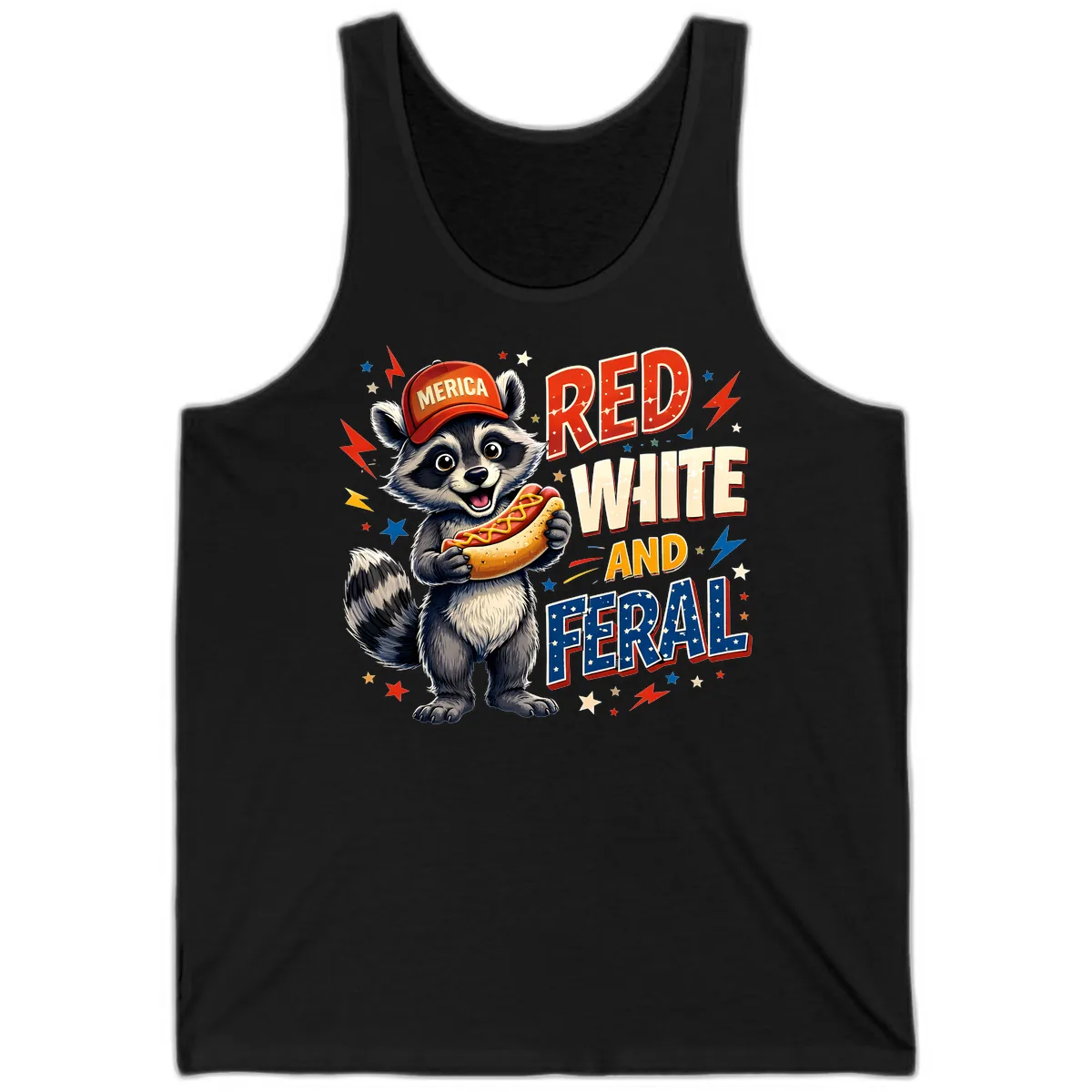Raccoon Merica Hot Dog Red White And Feral Tank in Black