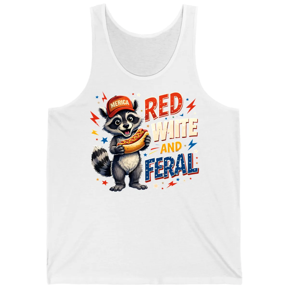 Raccoon Merica Hot Dog Red White And Feral Tank in White