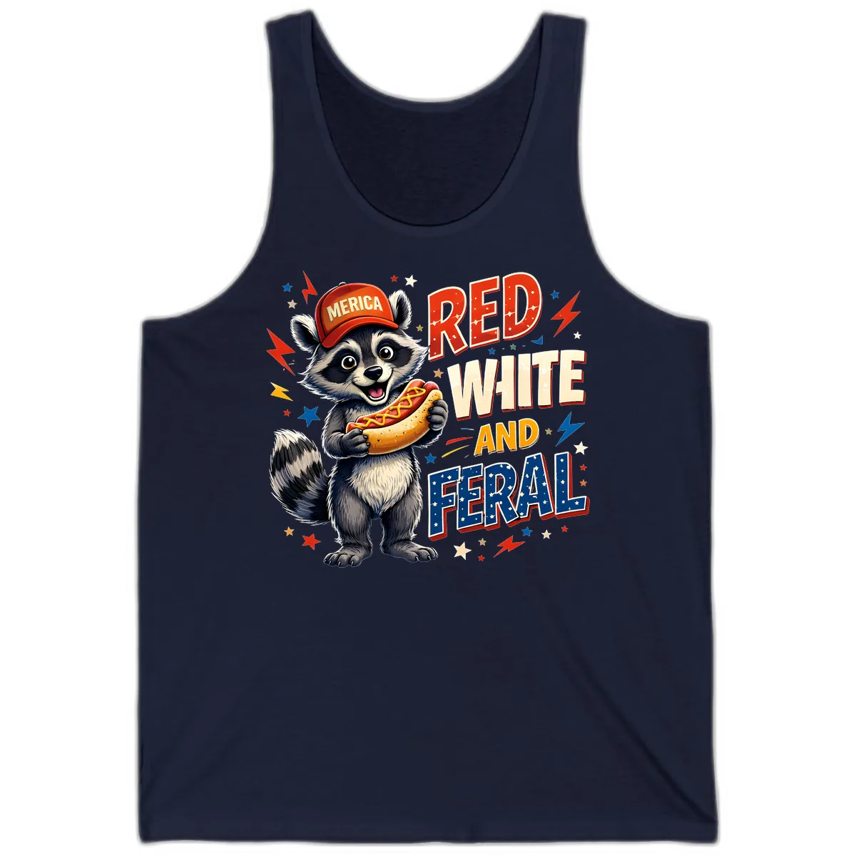 Raccoon Merica Hot Dog Red White And Feral Tank in Navy