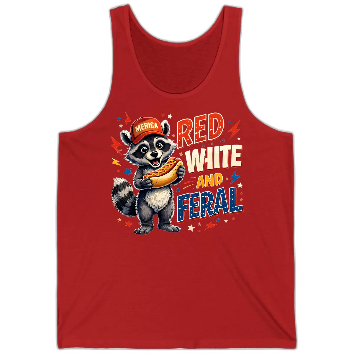 Raccoon Merica Hot Dog Red White And Feral Tank in Red