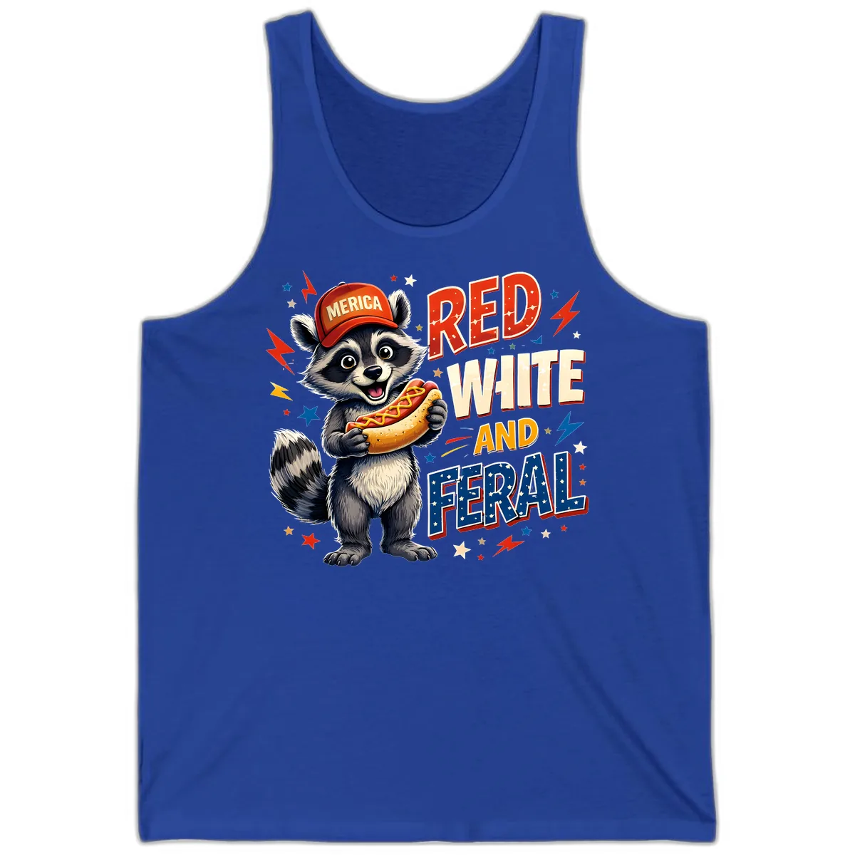 Raccoon Merica Hot Dog Red White And Feral Tank in True Royal