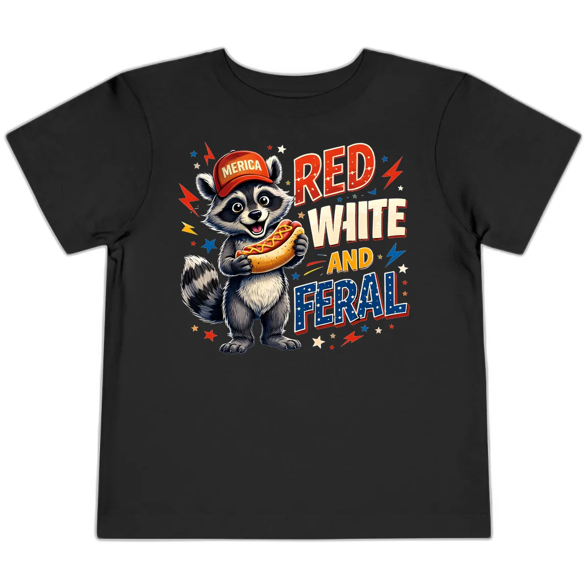 Raccoon Merica Hot Dog Red White And Feral Toddler T-Shirt in Black