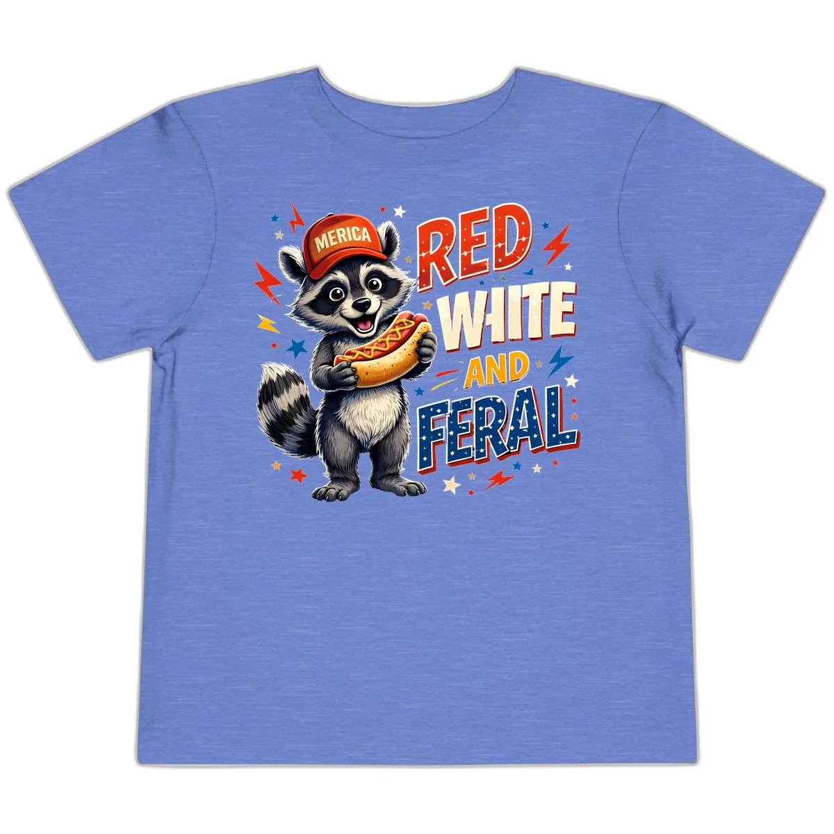 Raccoon Merica Hot Dog Red White And Feral Toddler T-Shirt in Heather Columbia Blue