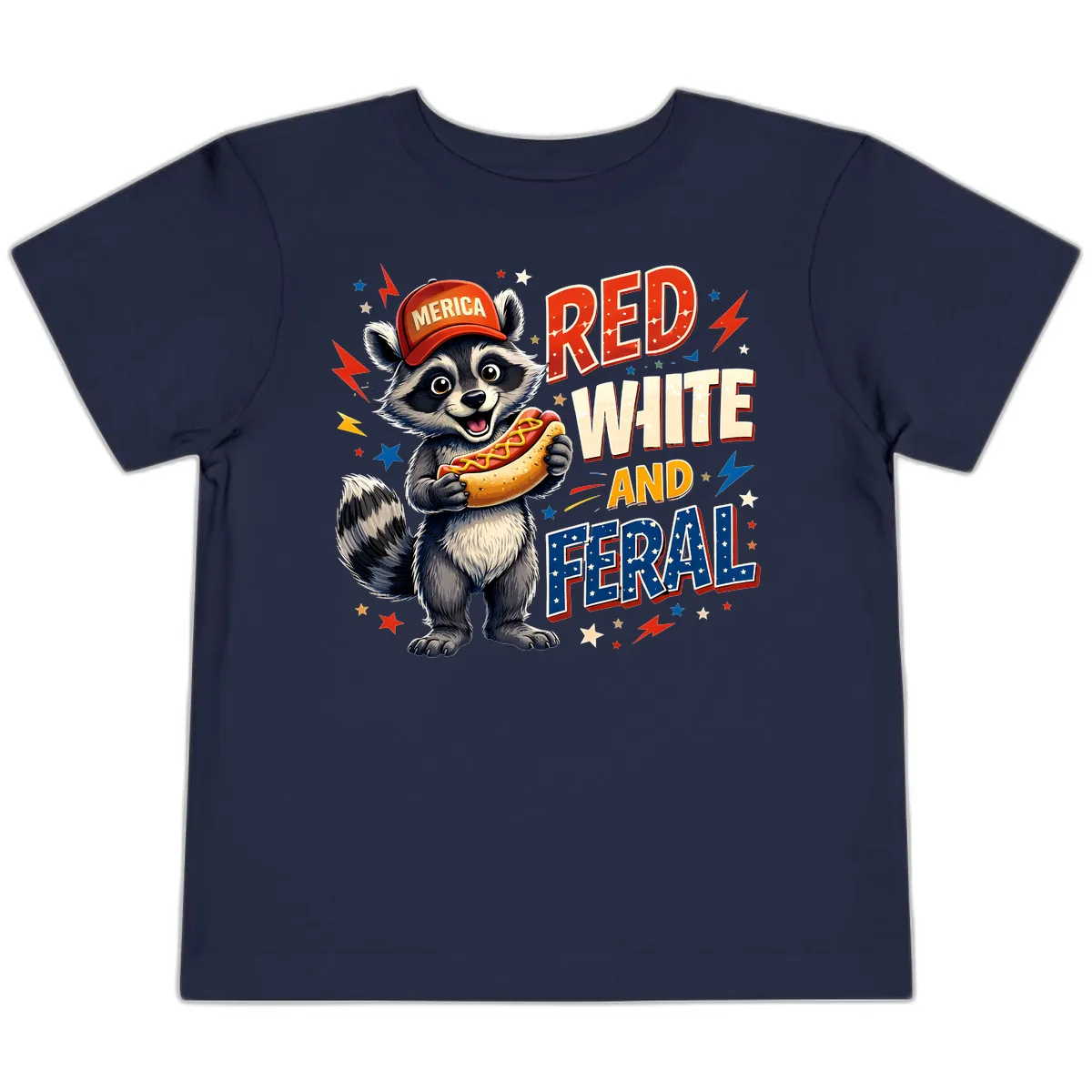 Raccoon Merica Hot Dog Red White And Feral Toddler T-Shirt in Navy