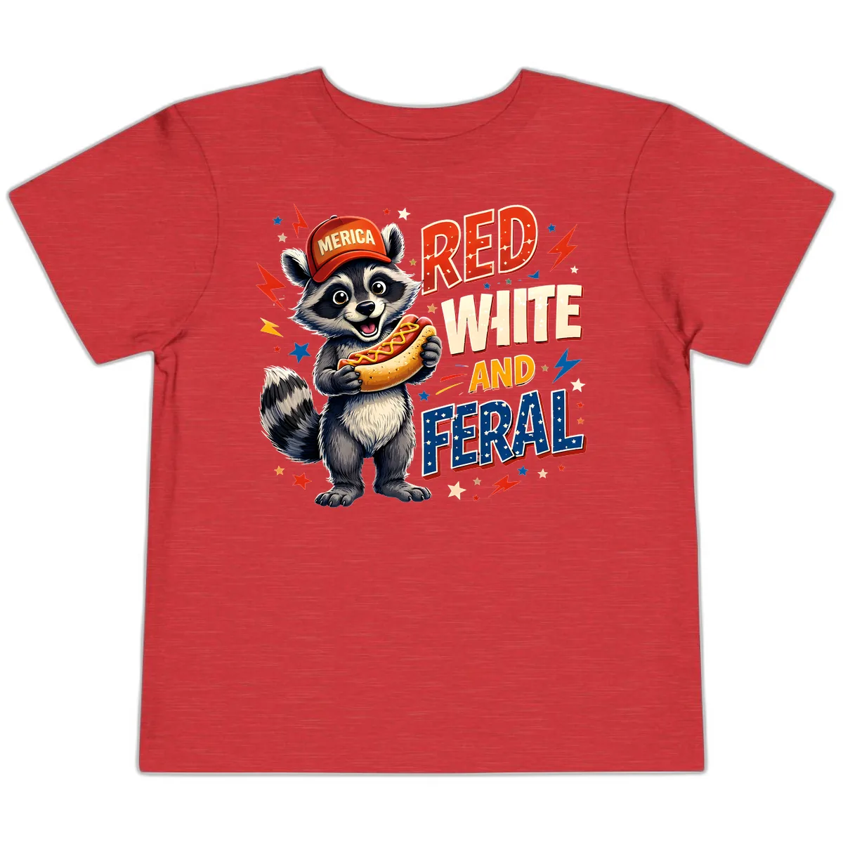 Raccoon Merica Hot Dog Red White And Feral Toddler T-Shirt in Heather Red
