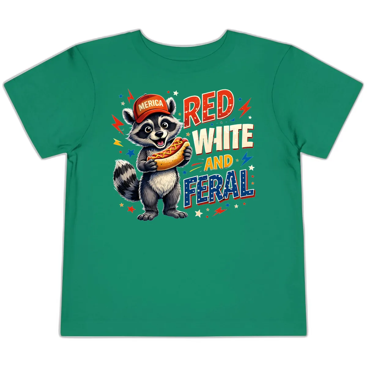 Raccoon Merica Hot Dog Red White And Feral Toddler T-Shirt in Kelly
