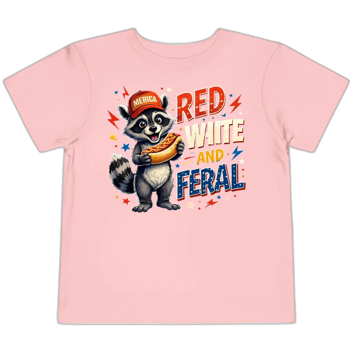 Raccoon Merica Hot Dog Red White And Feral Toddler T-Shirt in Pink
