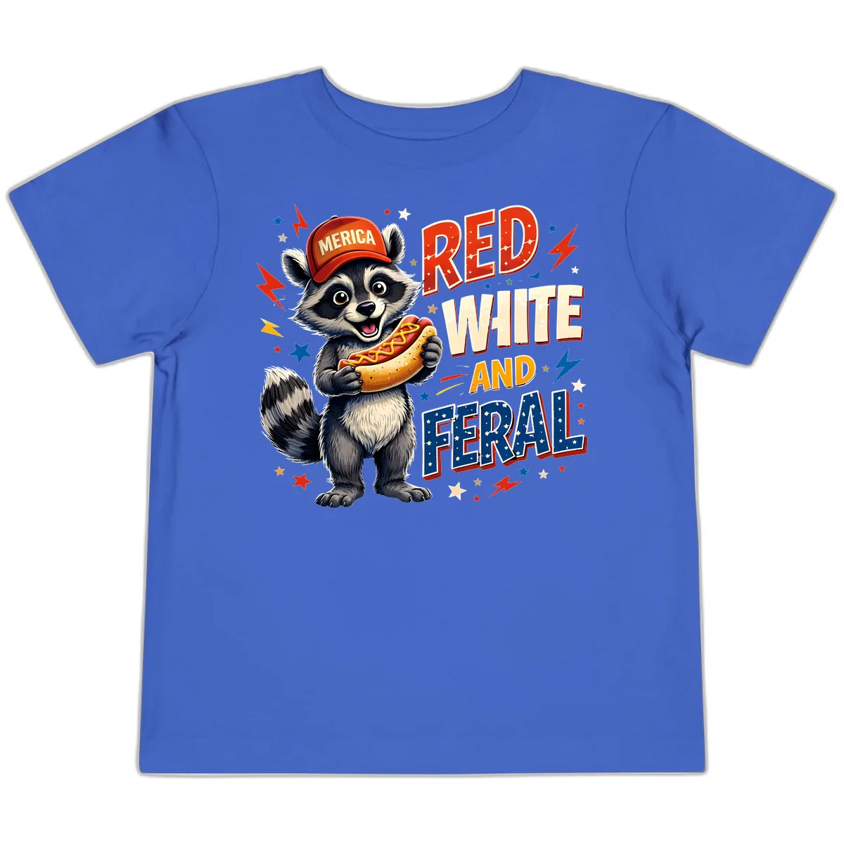 Raccoon Merica Hot Dog Red White And Feral Toddler T-Shirt in True Royal