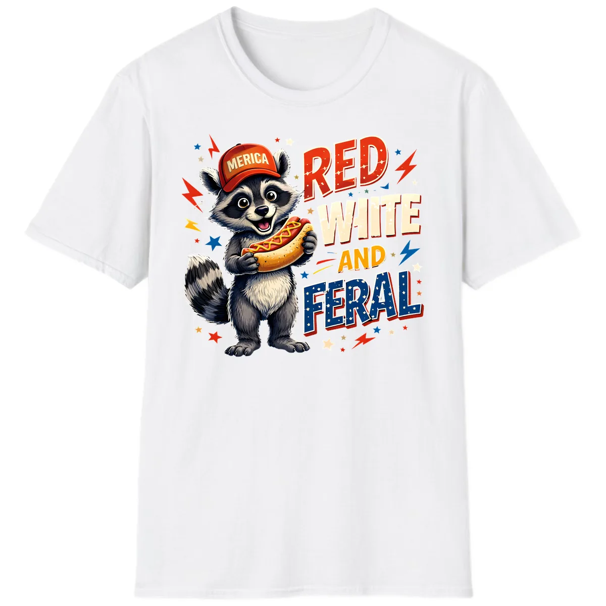 Raccoon Merica Hot Dog Red White And Feral T-Shirt in White