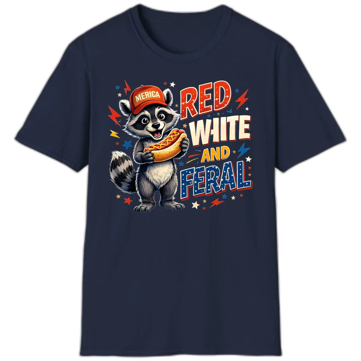Raccoon Merica Hot Dog Red White And Feral T-Shirt in Navy