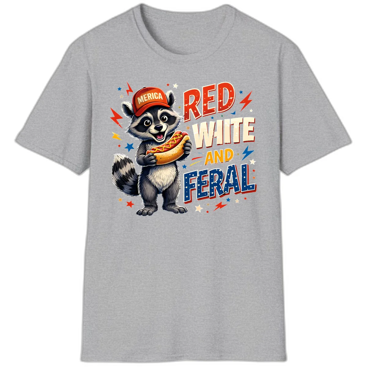 Raccoon Merica Hot Dog Red White And Feral T-Shirt in Sport Grey