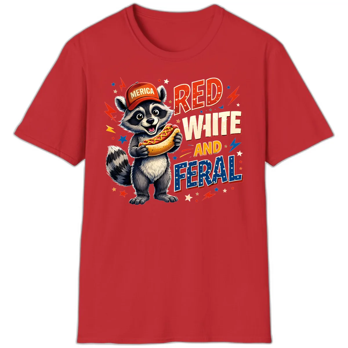 Raccoon Merica Hot Dog Red White And Feral T-Shirt in Red