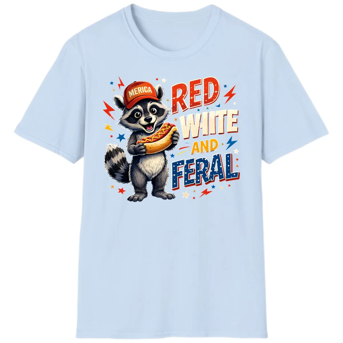 Raccoon Merica Hot Dog Red White And Feral T-Shirt in Light Blue