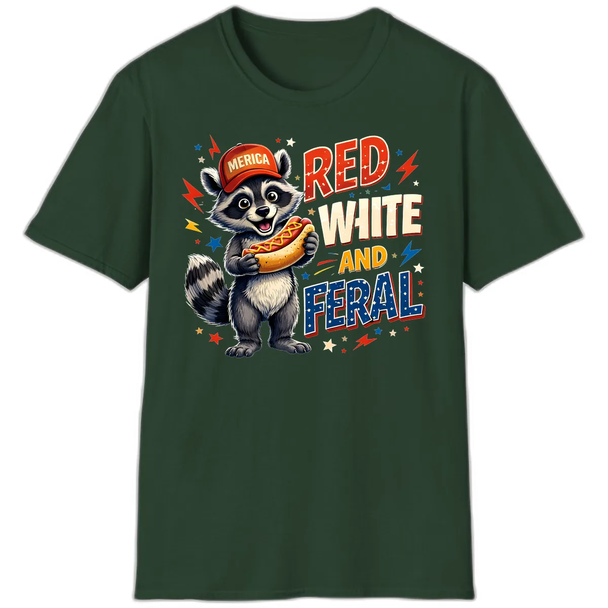 Raccoon Merica Hot Dog Red White And Feral T-Shirt in Forest Green