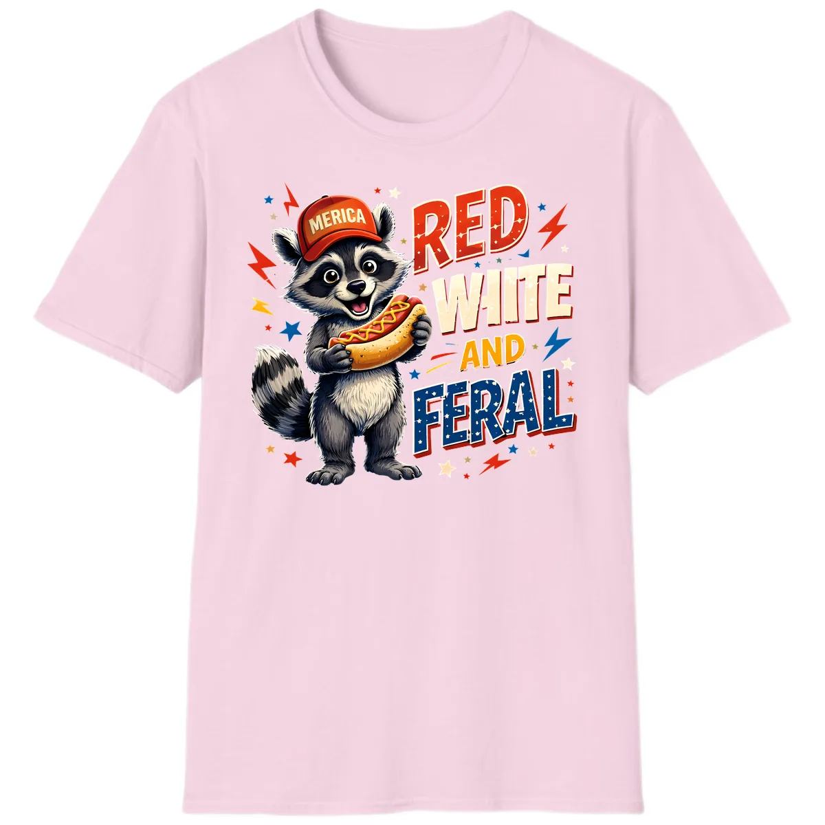 Raccoon Merica Hot Dog Red White And Feral T-Shirt in Light Pink