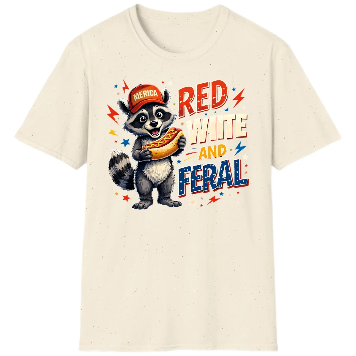 Raccoon Merica Hot Dog Red White And Feral T-Shirt in Natural