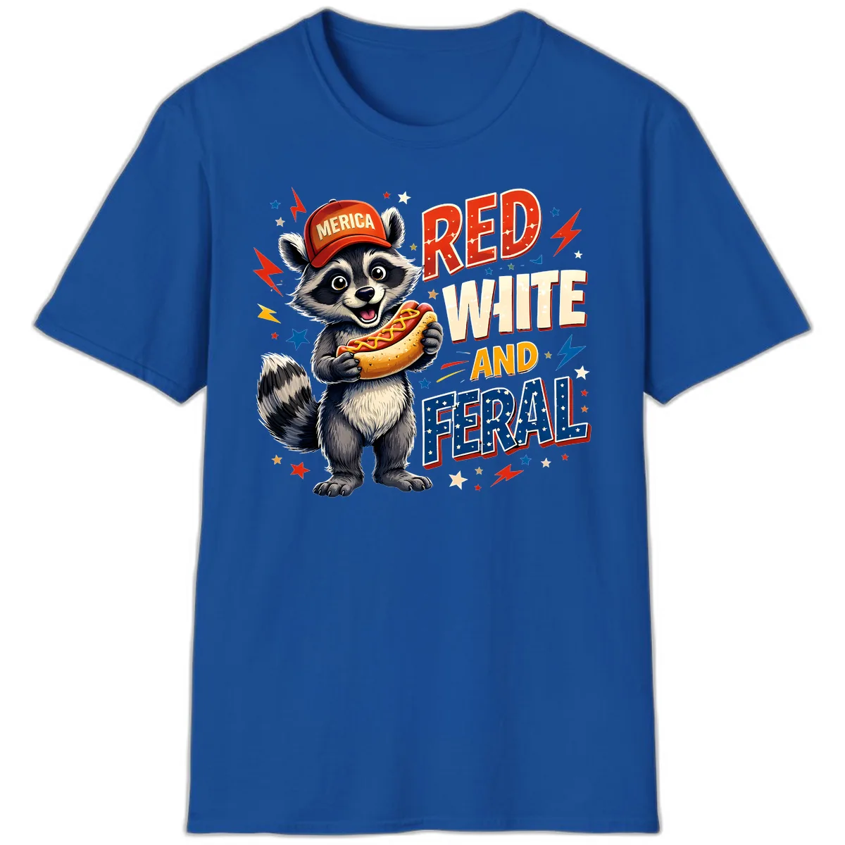 Raccoon Merica Hot Dog Red White And Feral T-Shirt in Royal