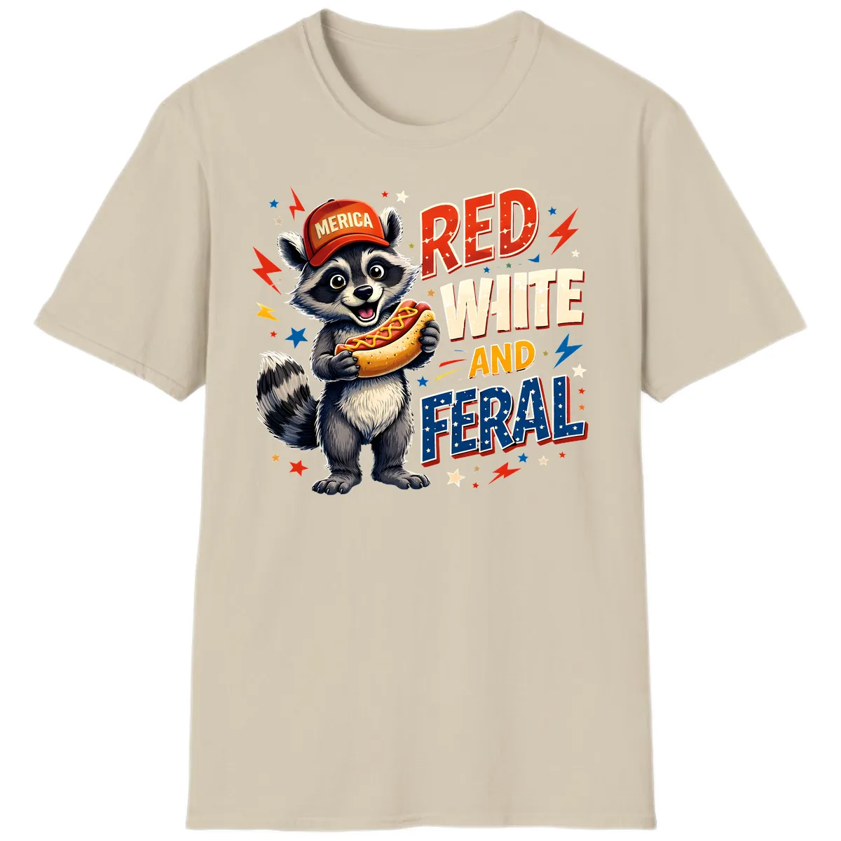 Raccoon Merica Hot Dog Red White And Feral T-Shirt in Sand
