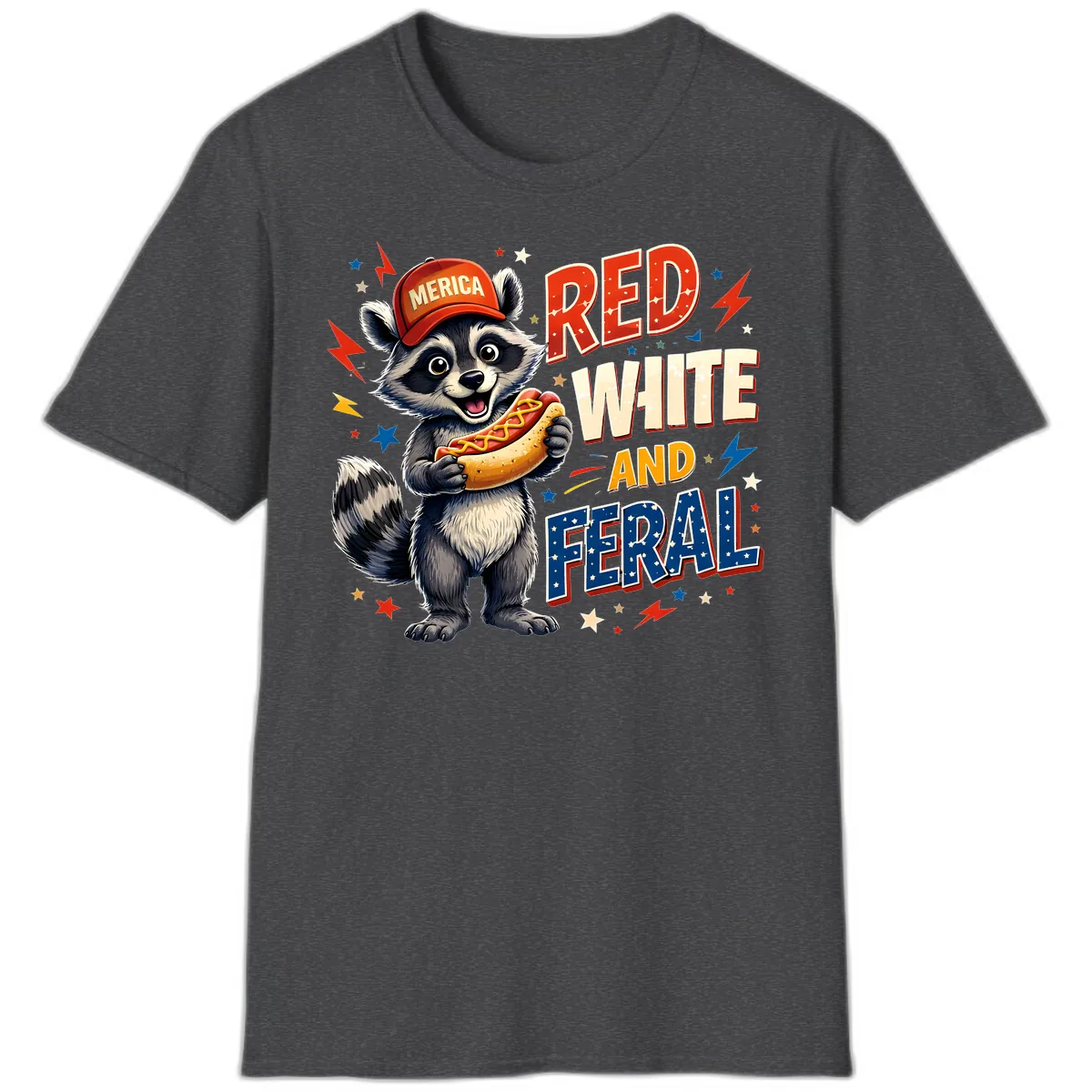 Raccoon Merica Hot Dog Red White And Feral T-Shirt in Dark Heather