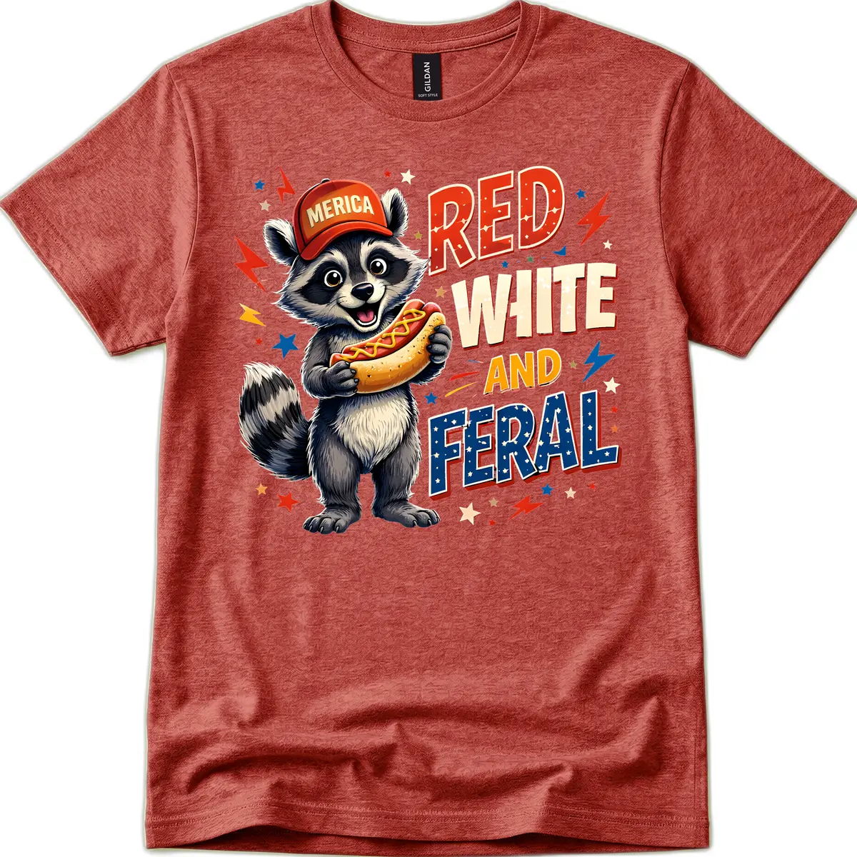 Raccoon Merica Hot Dog Red White And Feral T-Shirt in Heather Cardinal