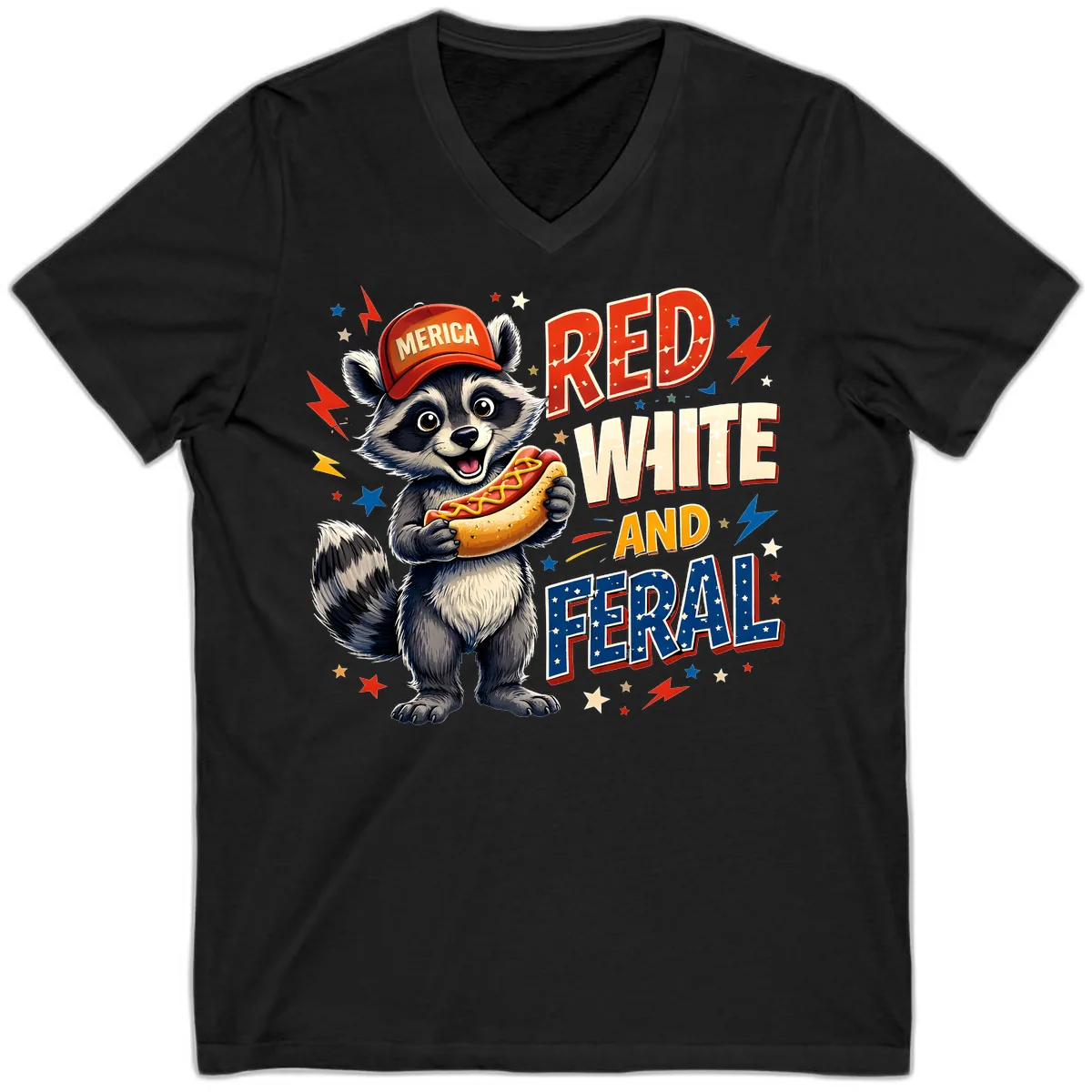 Raccoon Merica Hot Dog Red White And Feral V-Neck in Black