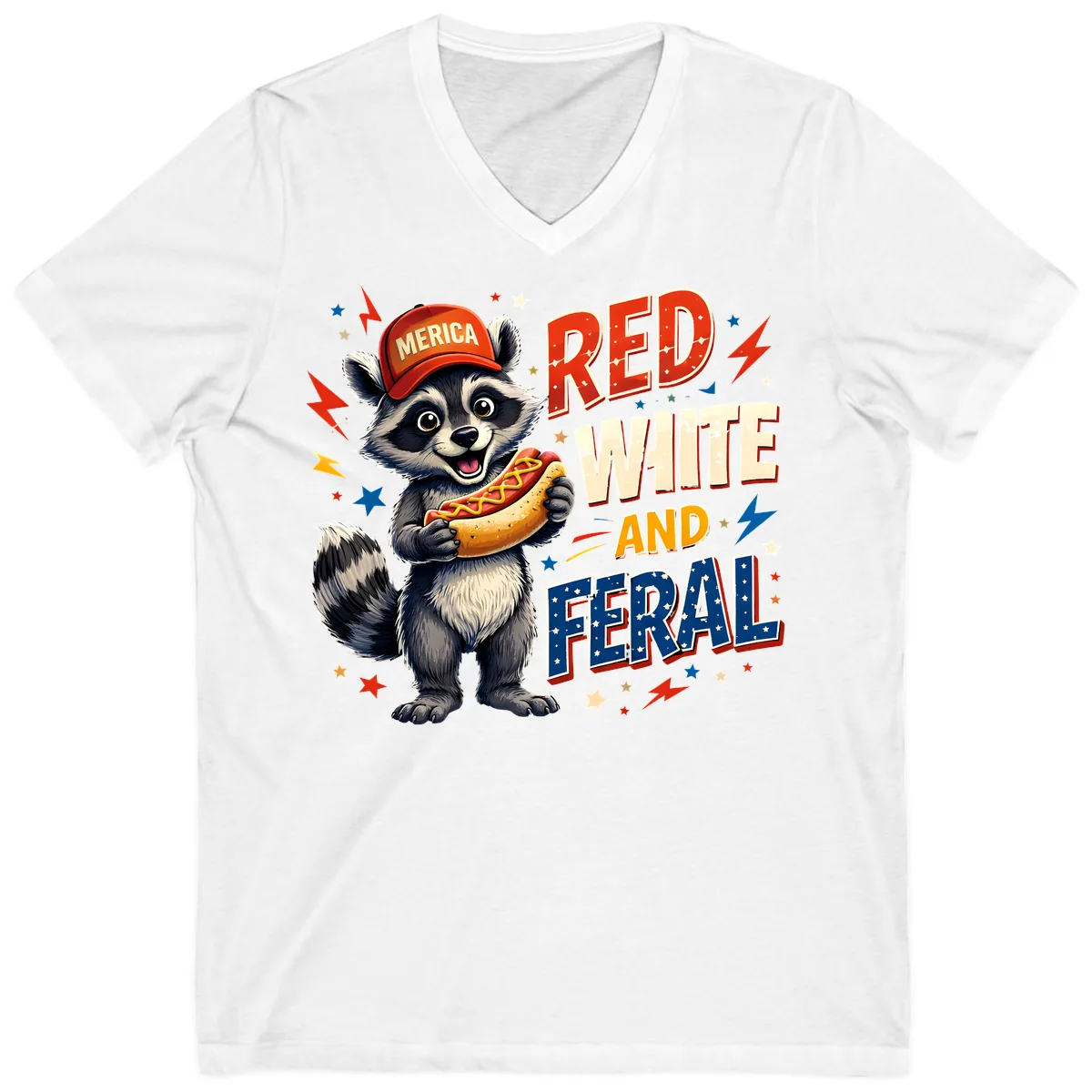 Raccoon Merica Hot Dog Red White And Feral V-Neck in White