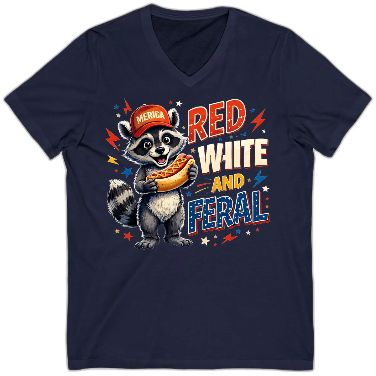 Raccoon Merica Hot Dog Red White And Feral V-Neck in Navy