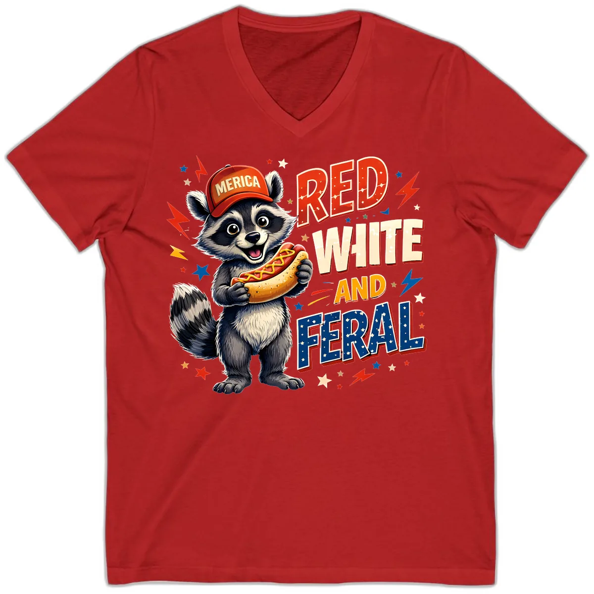 Raccoon Merica Hot Dog Red White And Feral V-Neck in Red
