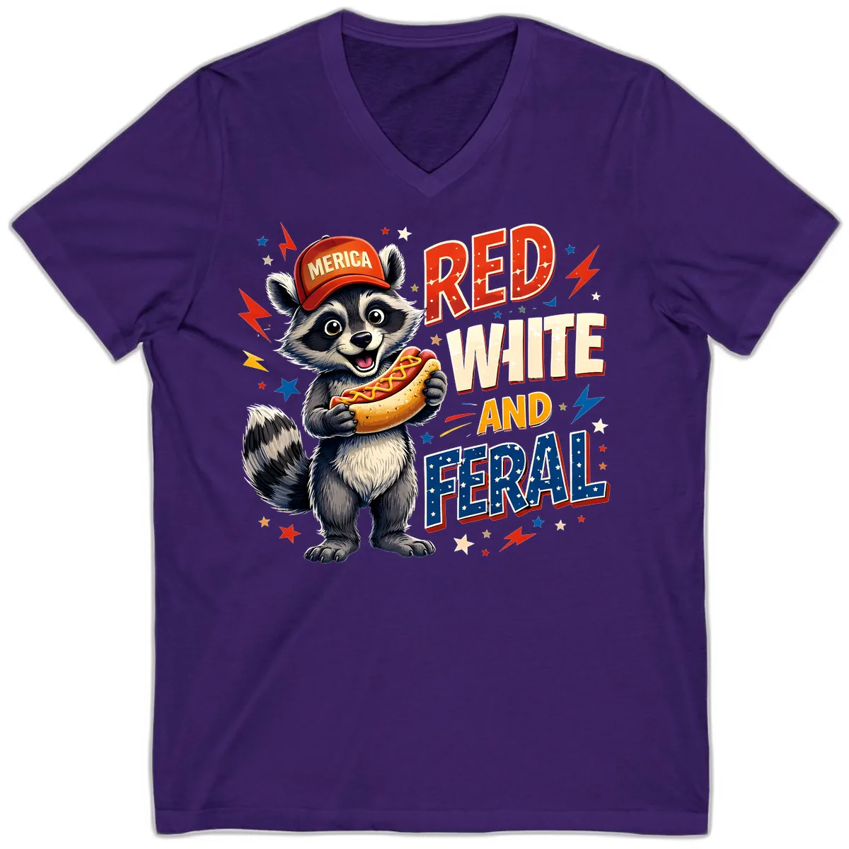 Raccoon Merica Hot Dog Red White And Feral V-Neck in Team Purple