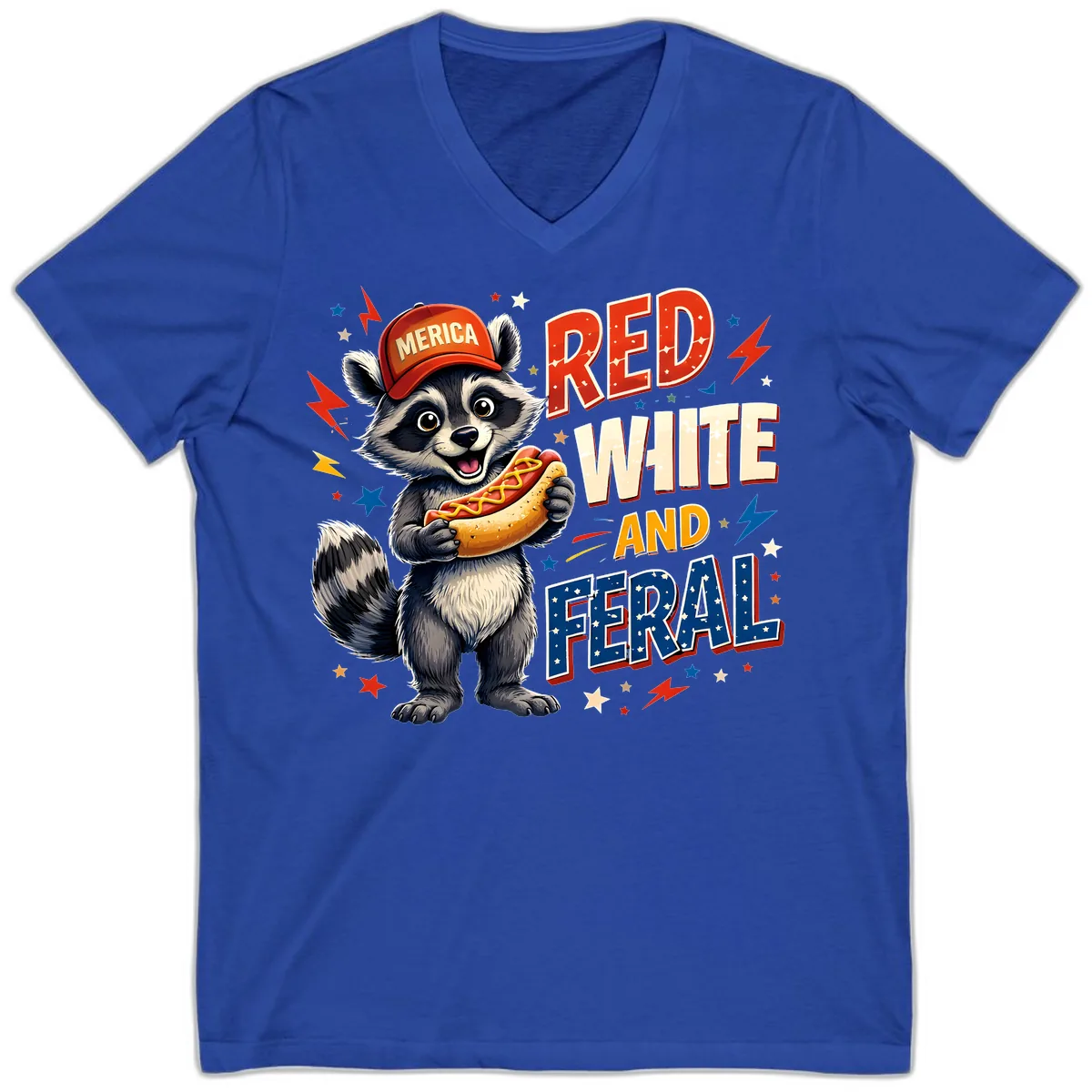 Raccoon Merica Hot Dog Red White And Feral V-Neck in True Royal