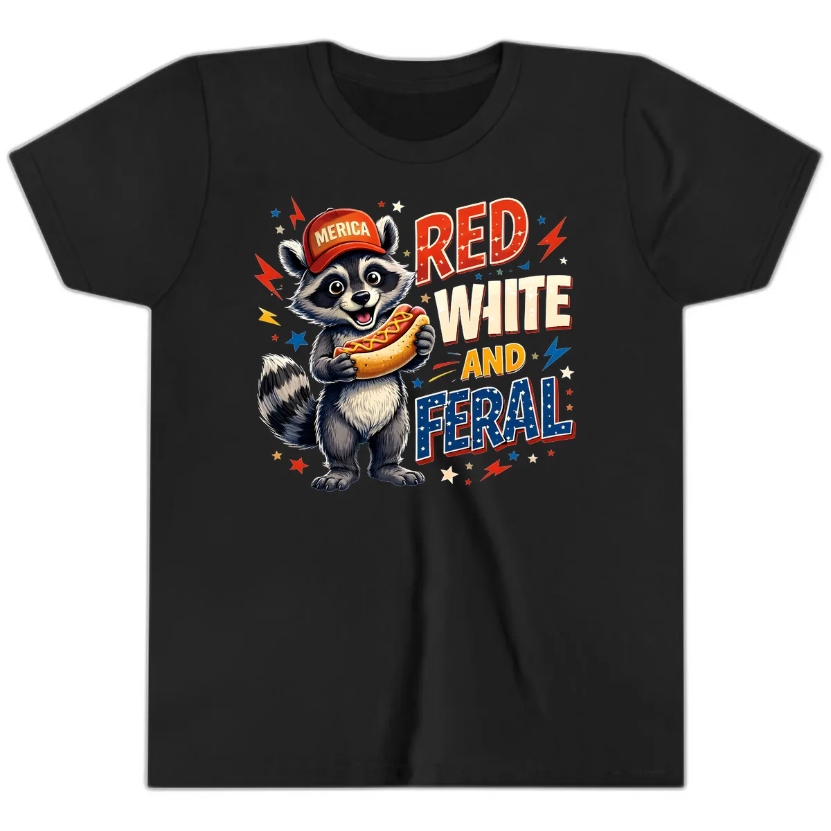 Raccoon Merica Hot Dog Red White And Feral Youth T-Shirt in Black