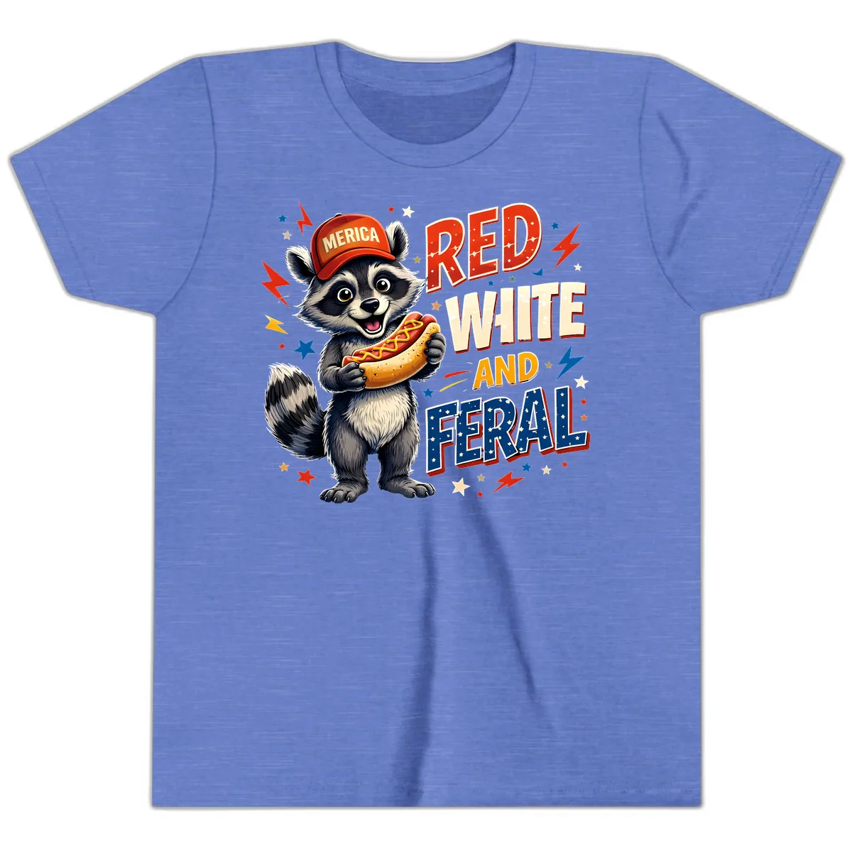 Raccoon Merica Hot Dog Red White And Feral Youth T-Shirt in Heather Columbia Blue