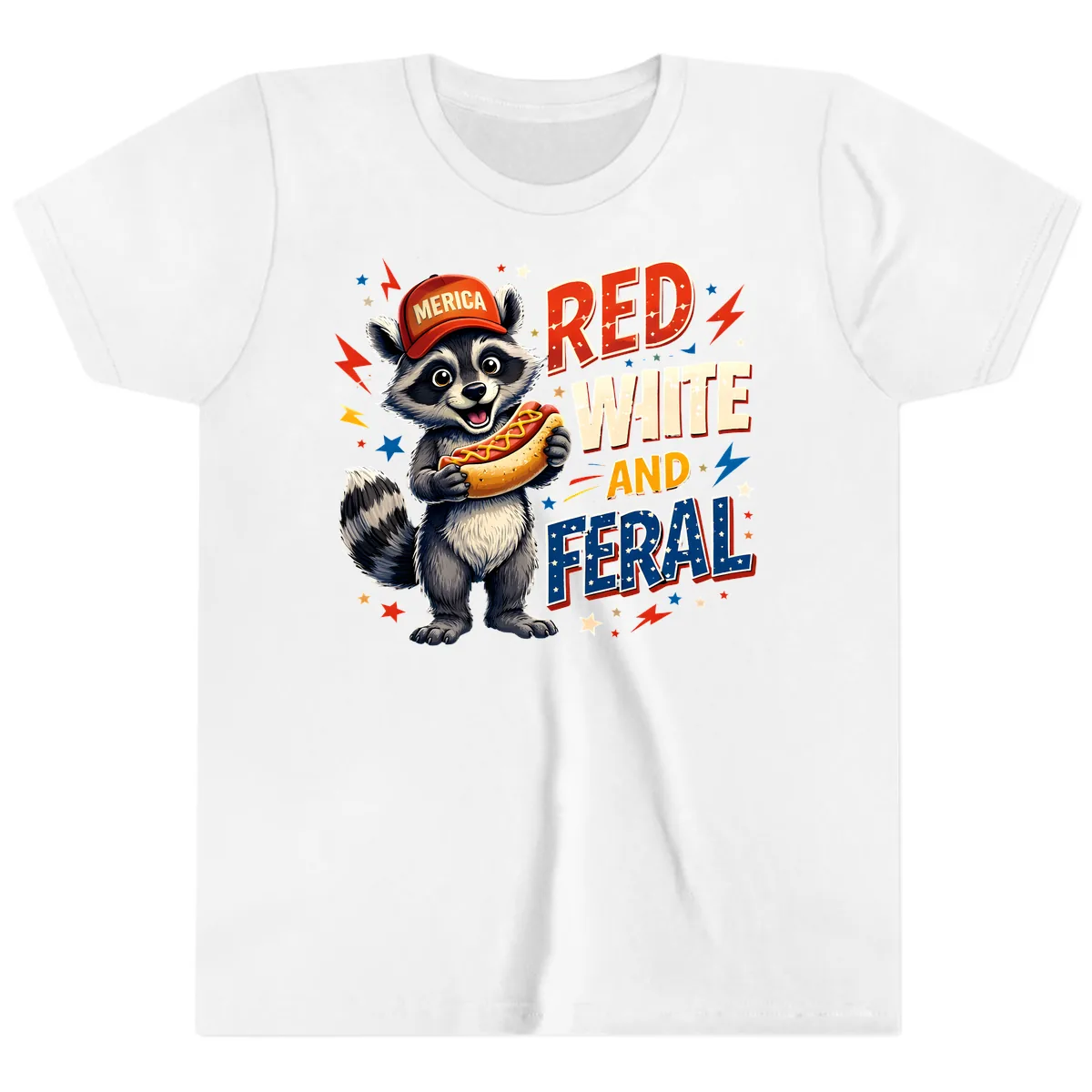 Raccoon Merica Hot Dog Red White And Feral Youth T-Shirt in White
