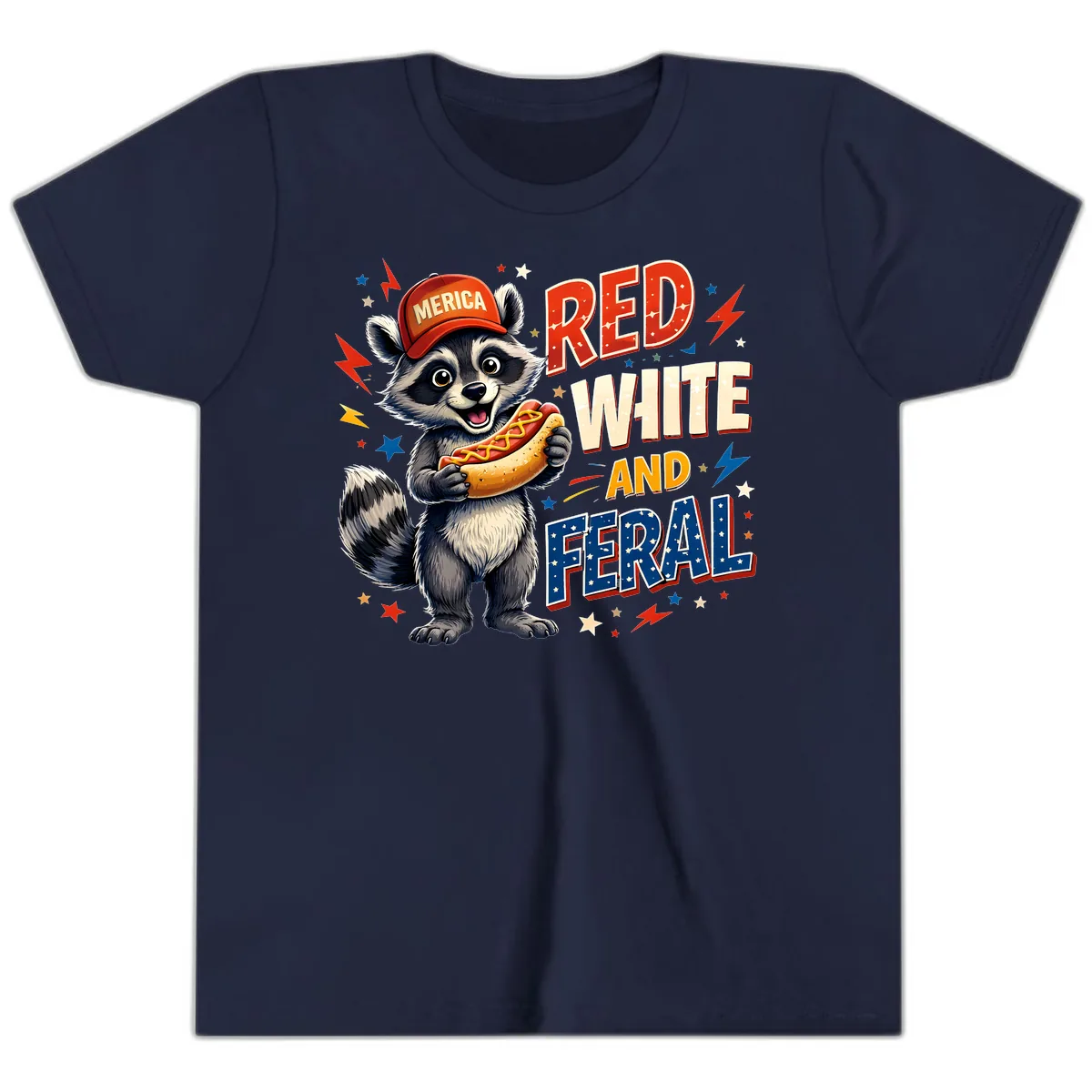 Raccoon Merica Hot Dog Red White And Feral Youth T-Shirt in Navy
