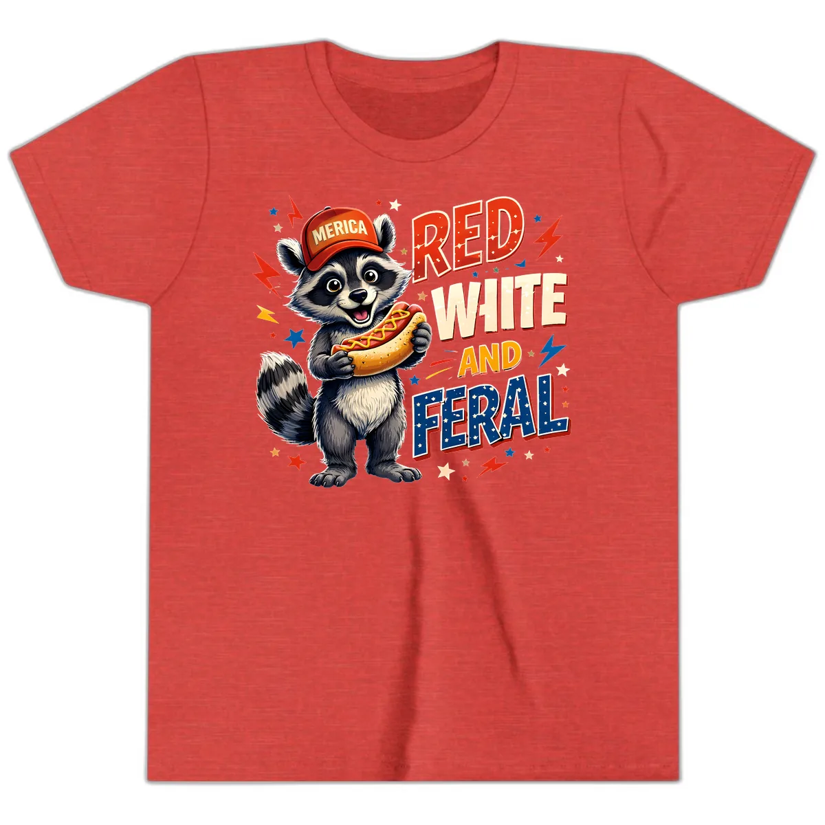 Raccoon Merica Hot Dog Red White And Feral Youth T-Shirt in Heather Red