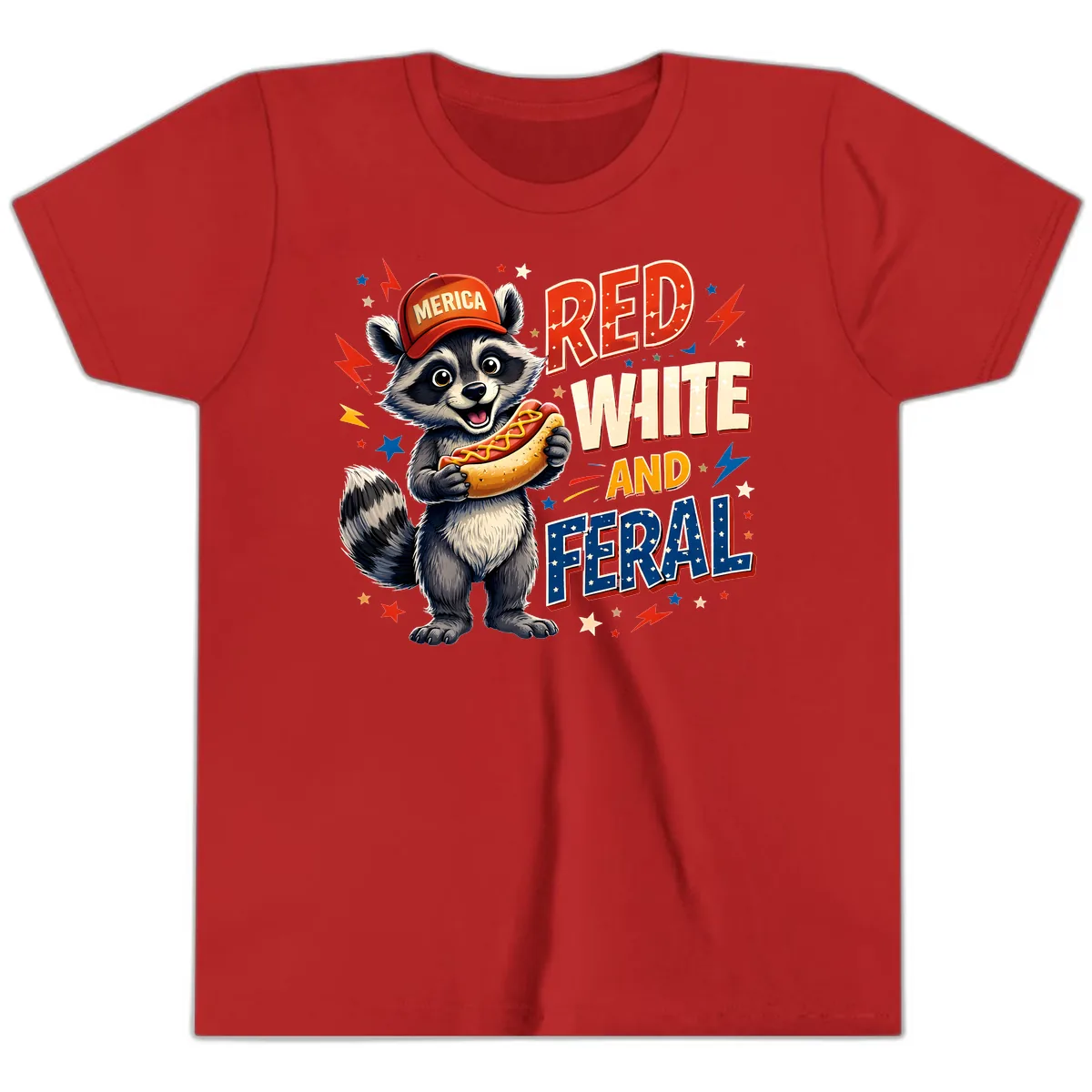 Raccoon Merica Hot Dog Red White And Feral Youth T-Shirt in Red