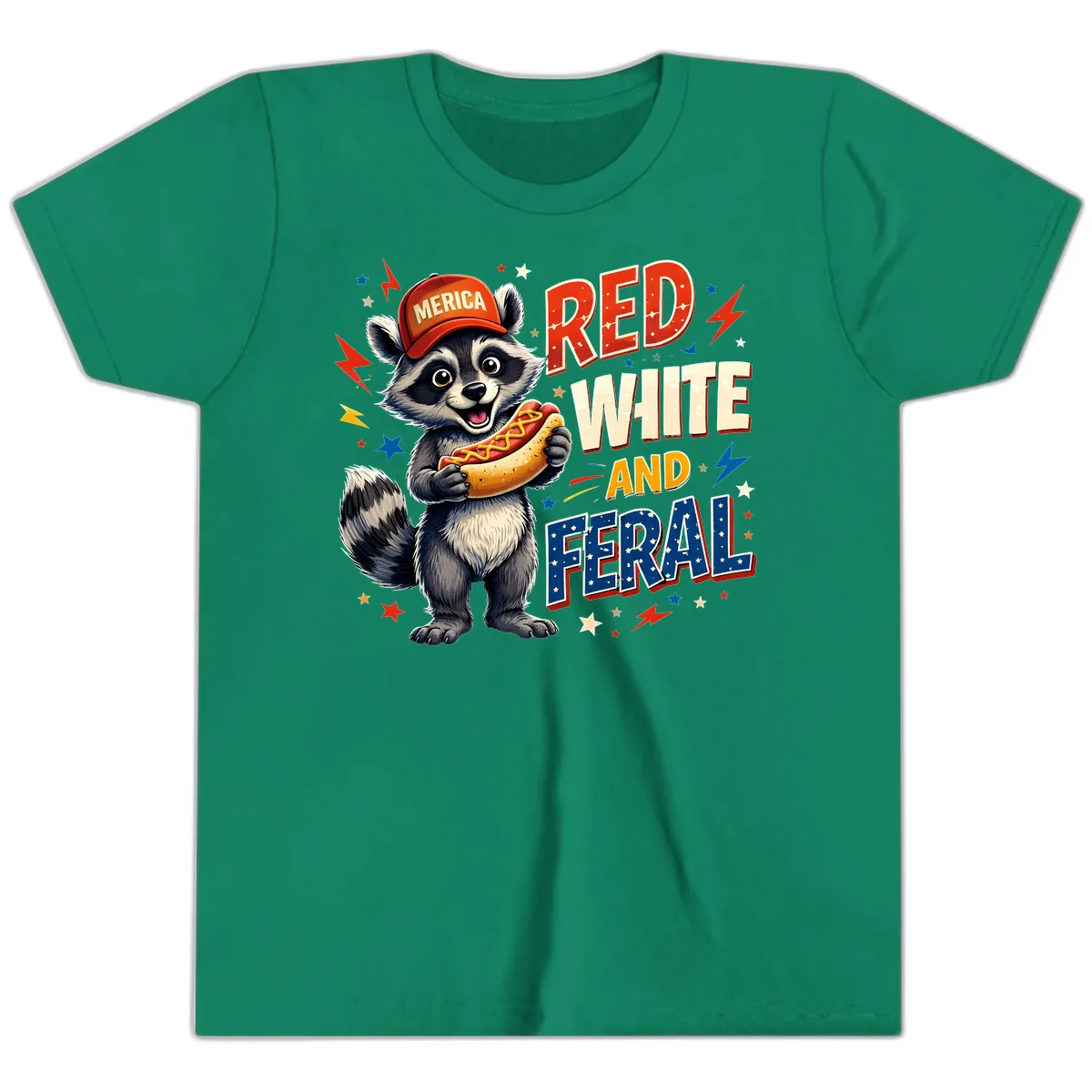 Raccoon Merica Hot Dog Red White And Feral Youth T-Shirt in Kelly
