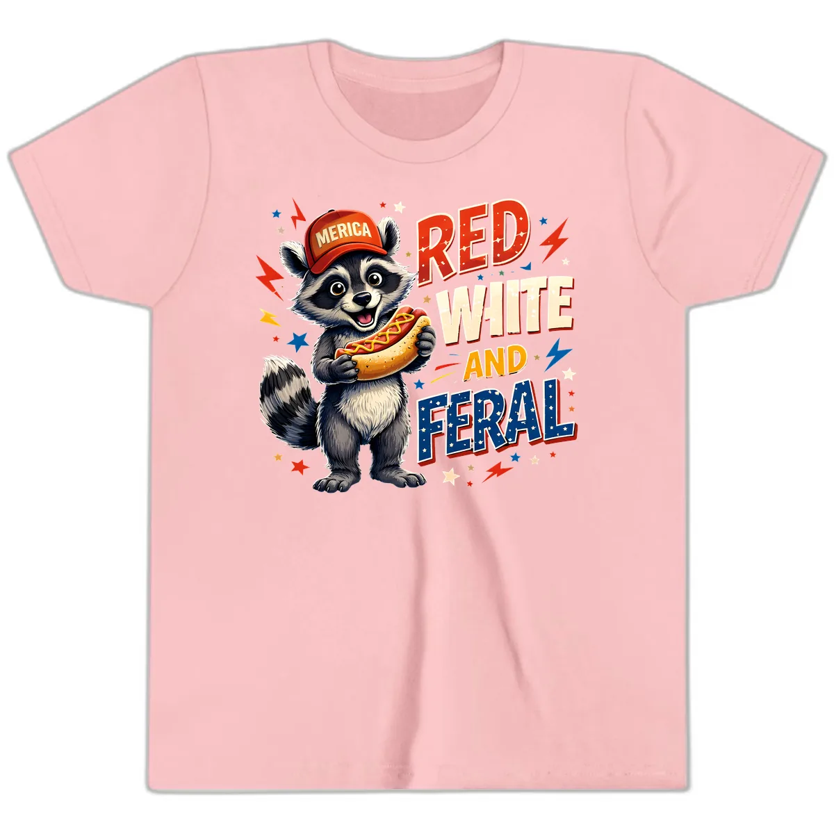 Raccoon Merica Hot Dog Red White And Feral Youth T-Shirt in Pink