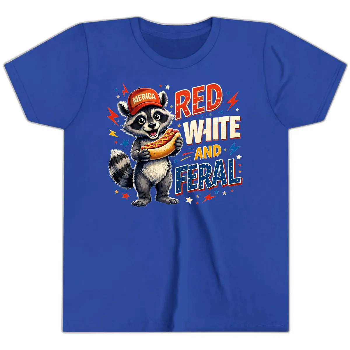 Raccoon Merica Hot Dog Red White And Feral Youth T-Shirt in True Royal