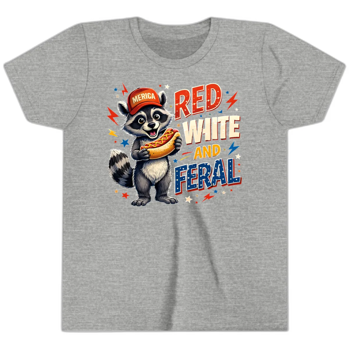 Raccoon Merica Hot Dog Red White And Feral Youth T-Shirt in Athletic Heather