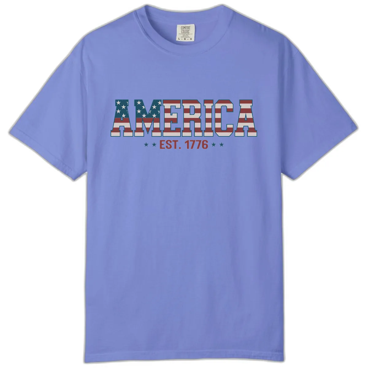America Est. 1776 Flag Lettering Comfort Color in Flo Blue