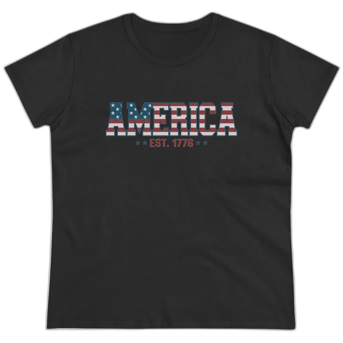 America Est. 1776 Flag Lettering Ladies Tee in Black