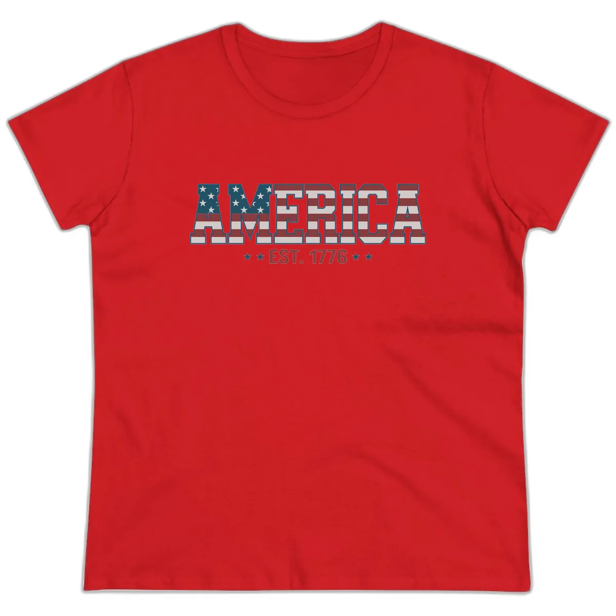 America Est. 1776 Flag Lettering Ladies Tee in Red