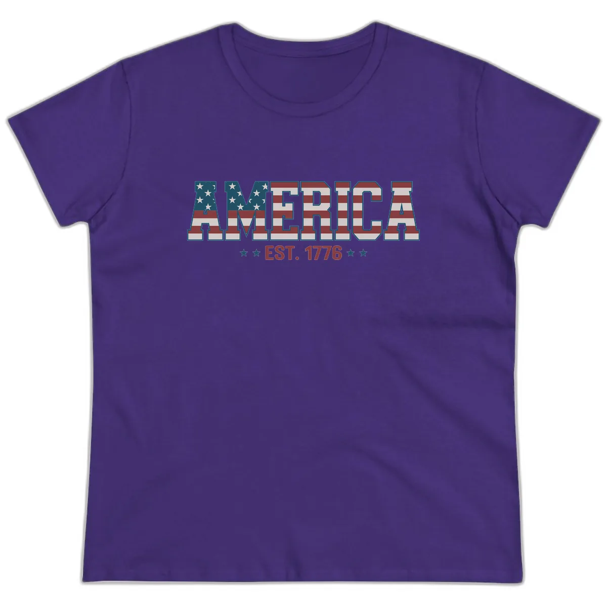America Est. 1776 Flag Lettering Ladies Tee in Purple