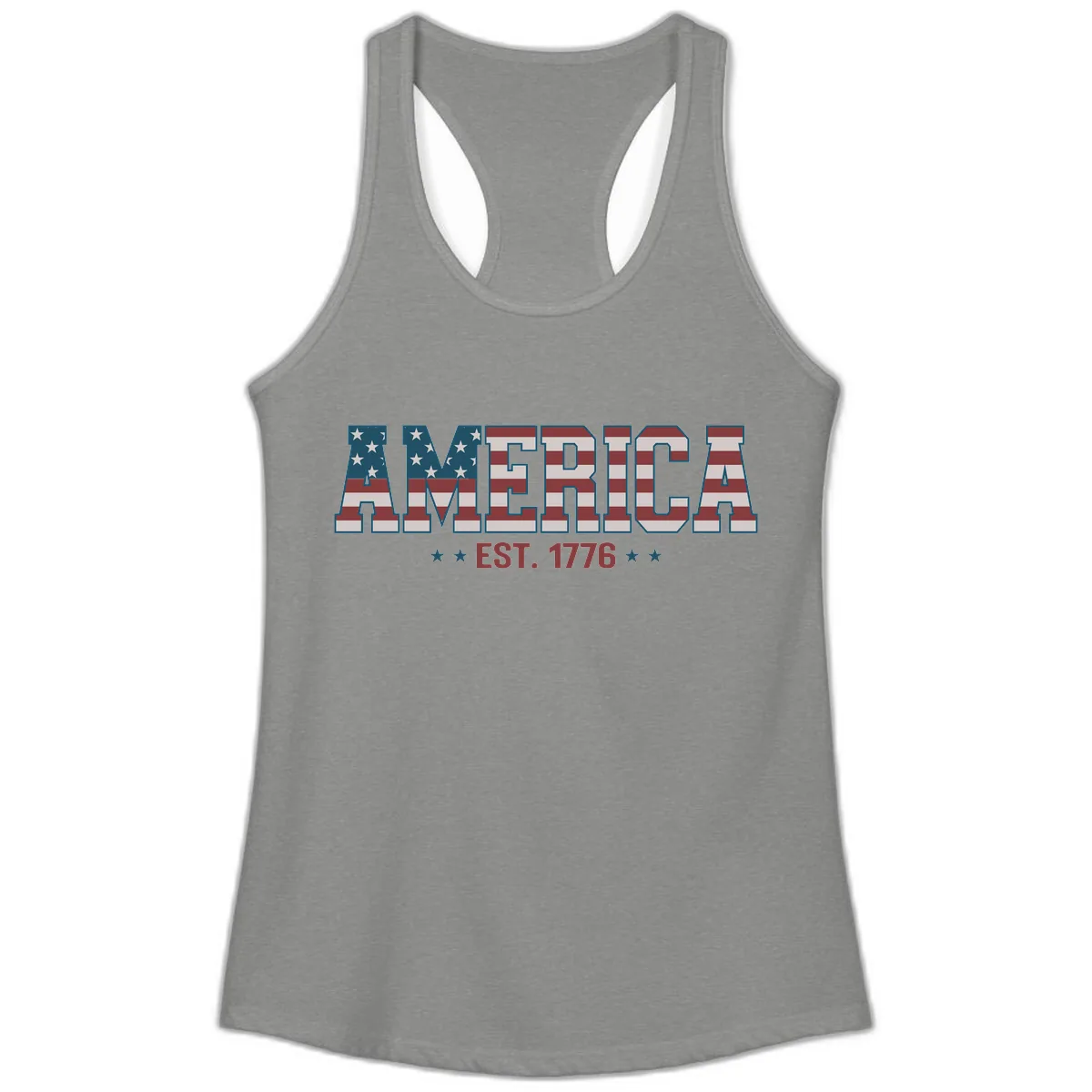 America Est. 1776 Flag Lettering Ladies Tank in Heather Grey