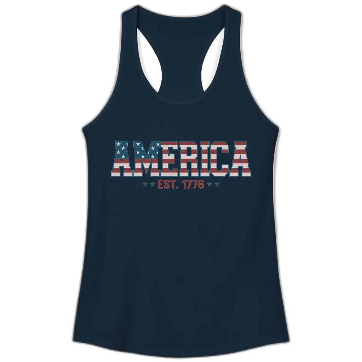 America Est. 1776 Flag Lettering Ladies Tank in Solid Midnight Navy