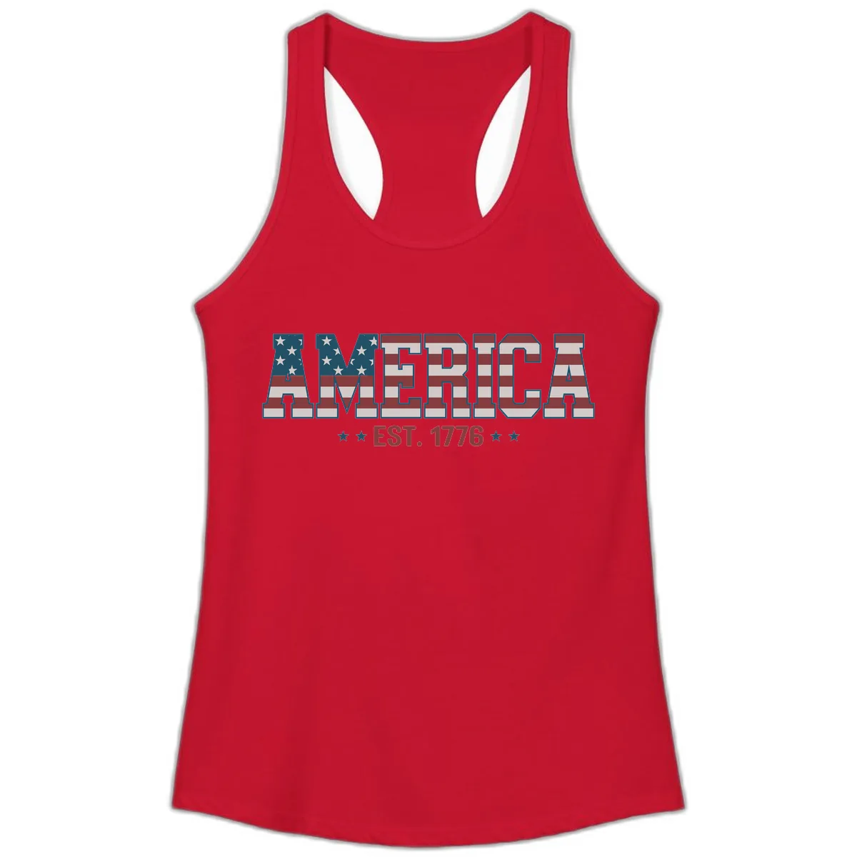 America Est. 1776 Flag Lettering Ladies Tank in Solid Red